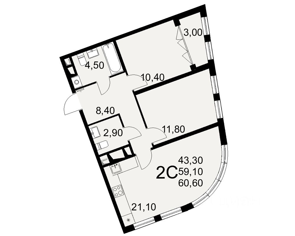 2-комн.кв., 60,6 м², 4/16 этаж