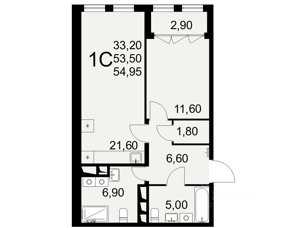 1-комн.кв., 55 м², 6/16 этаж
