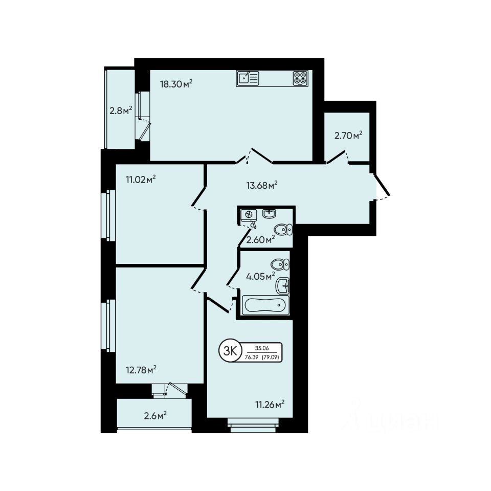 3-комн.кв., 79,1 м², 3/5 этаж