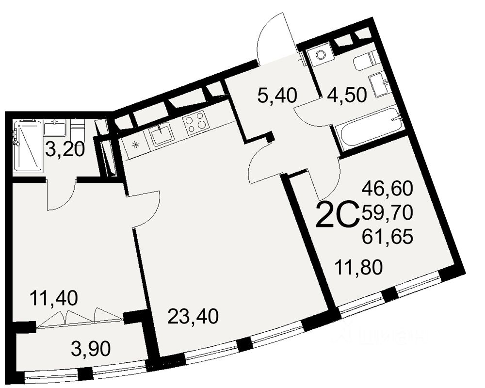 2-комн.кв., 61,6 м², 8/16 этаж
