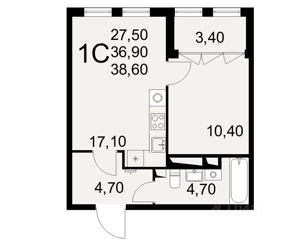 1-комн.кв., 38,6 м², 3/16 этаж