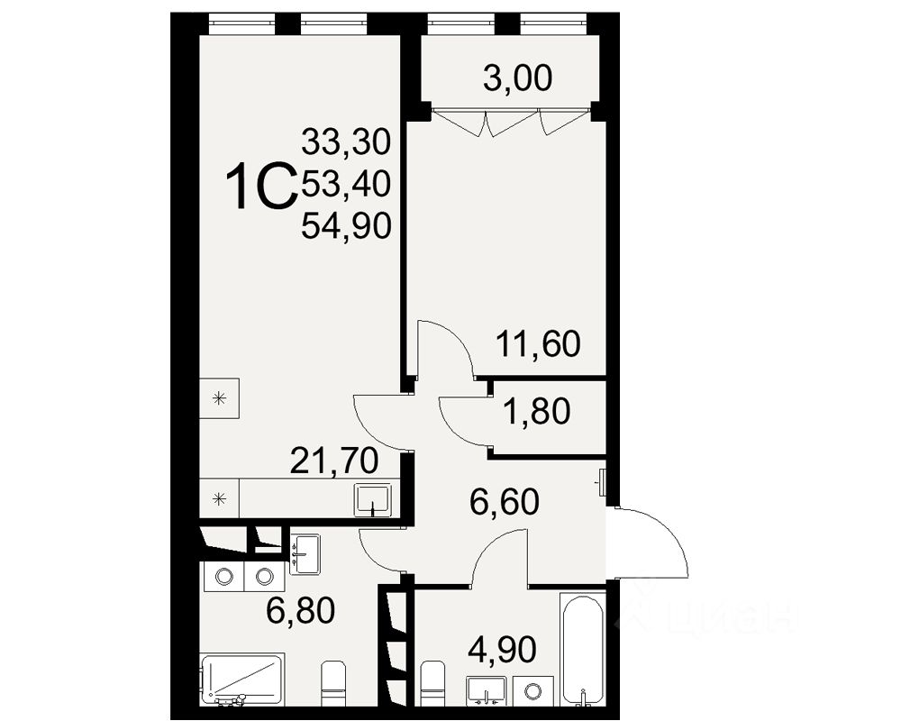 1-комн.кв., 54,9 м², 12/16 этаж