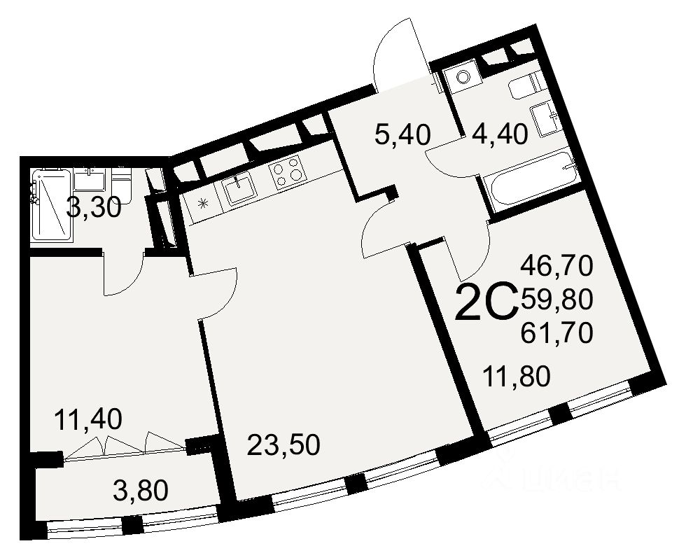 2-комн.кв., 61,7 м², 12/16 этаж