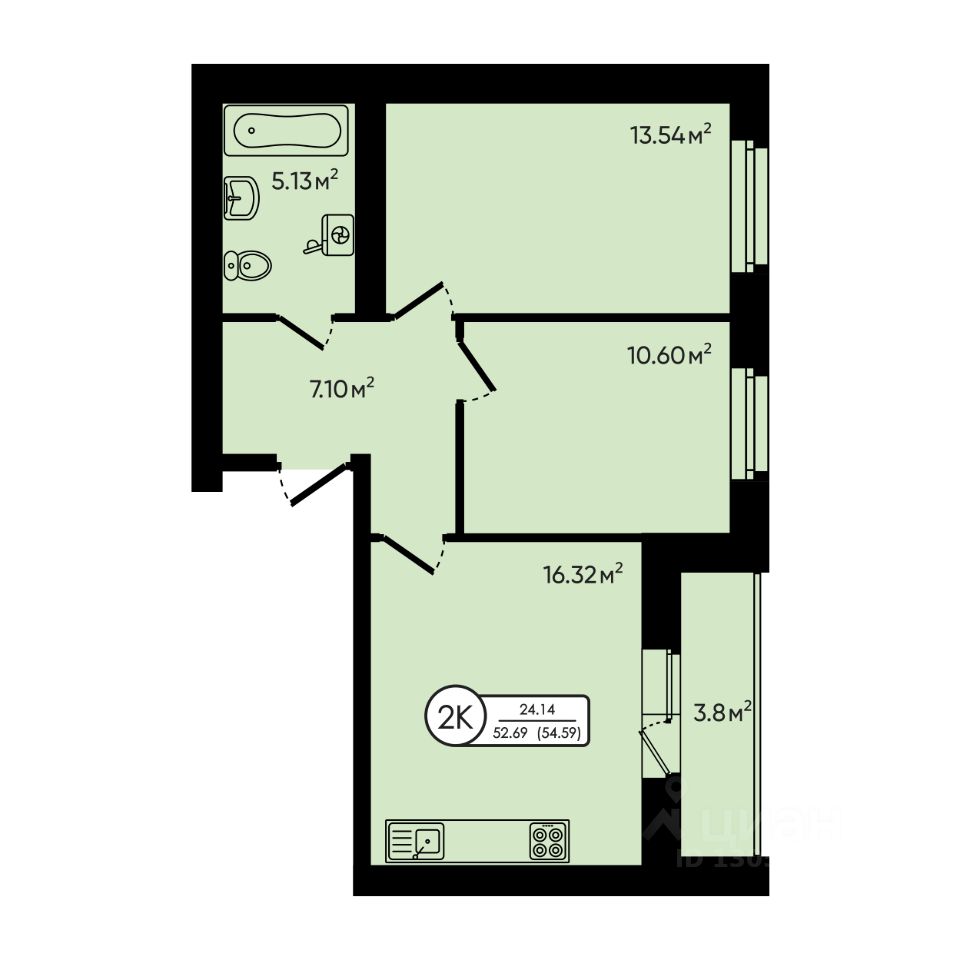 2-комн.кв., 54,6 м², 3/5 этаж