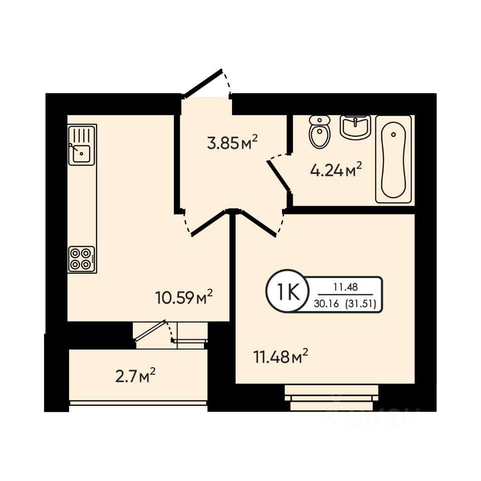 1-комн.кв., 31,5 м², 2/5 этаж