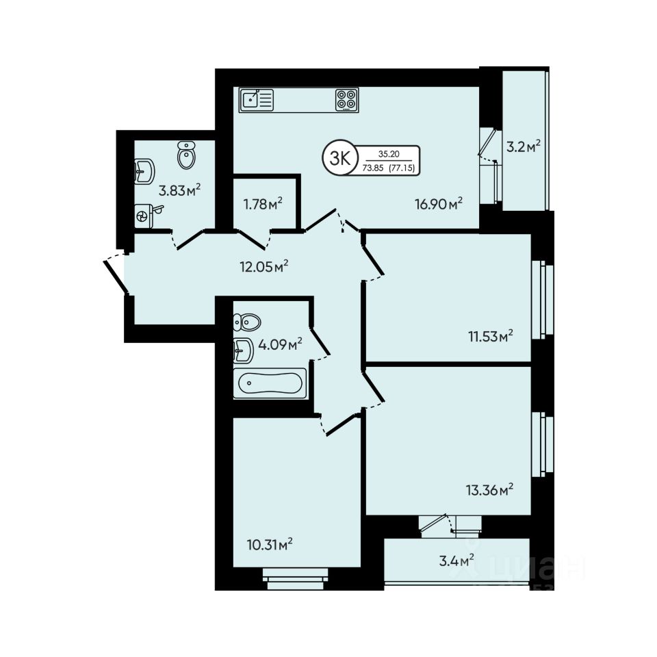 3-комн.кв., 77,2 м², 3/5 этаж
