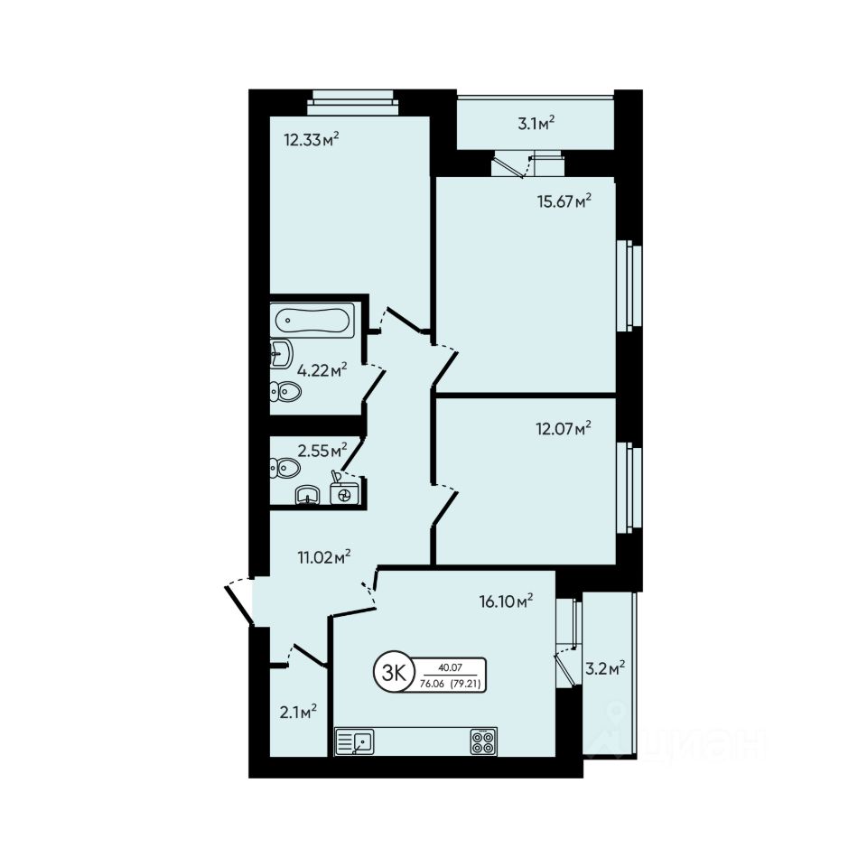 3-комн.кв., 79,2 м², 4/5 этаж