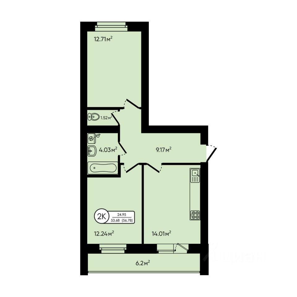2-комн.кв., 56,8 м², 4/5 этаж