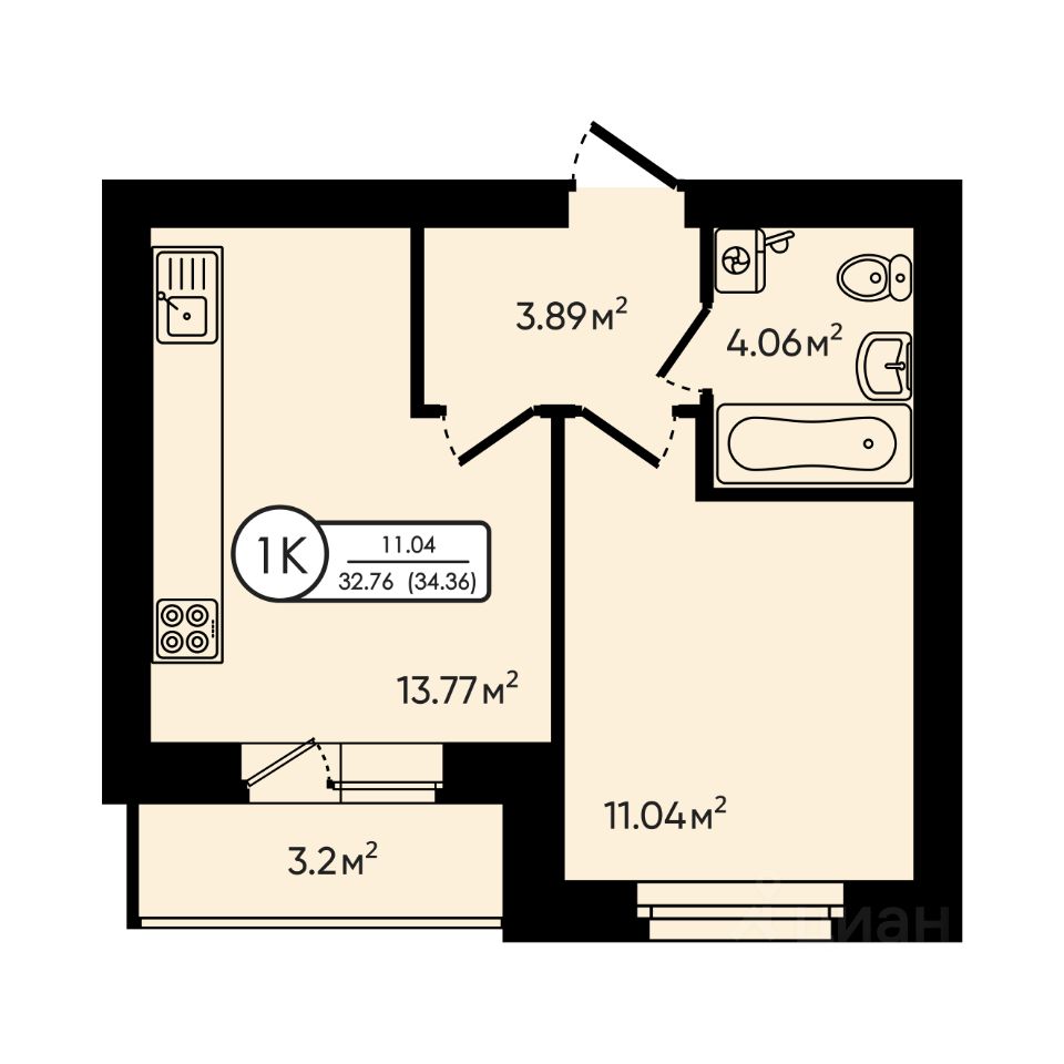 1-комн.кв., 34,4 м², 3/5 этаж