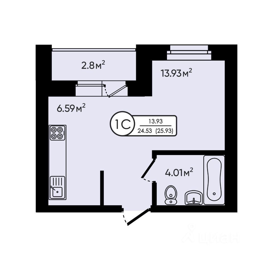 Студия, 25,9 м², 4/5 этаж