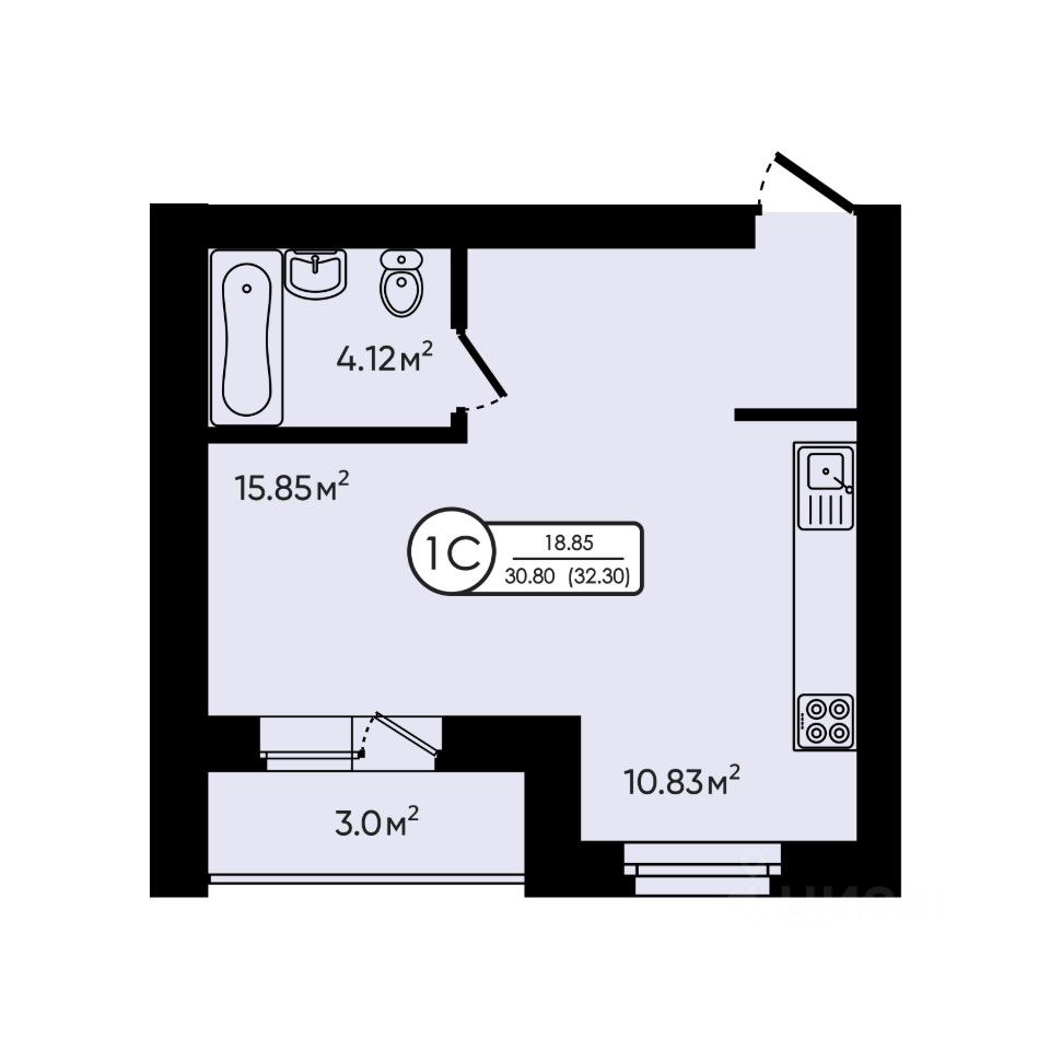 Студия, 32,3 м², 4/5 этаж