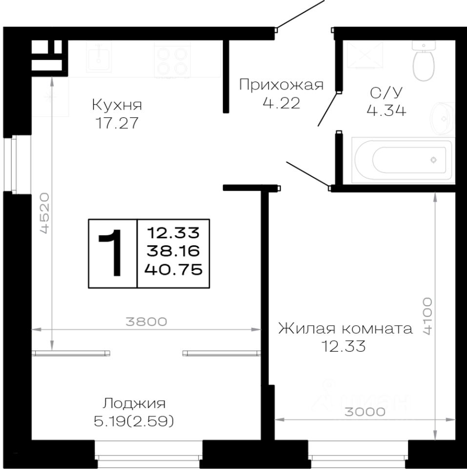1-комн.кв., 40,8 м², 2/4 этаж