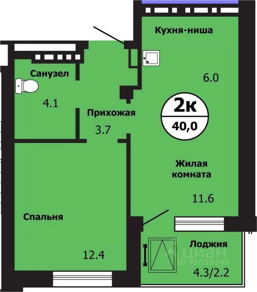2-комн.кв., 40 м², 2/19 этаж
