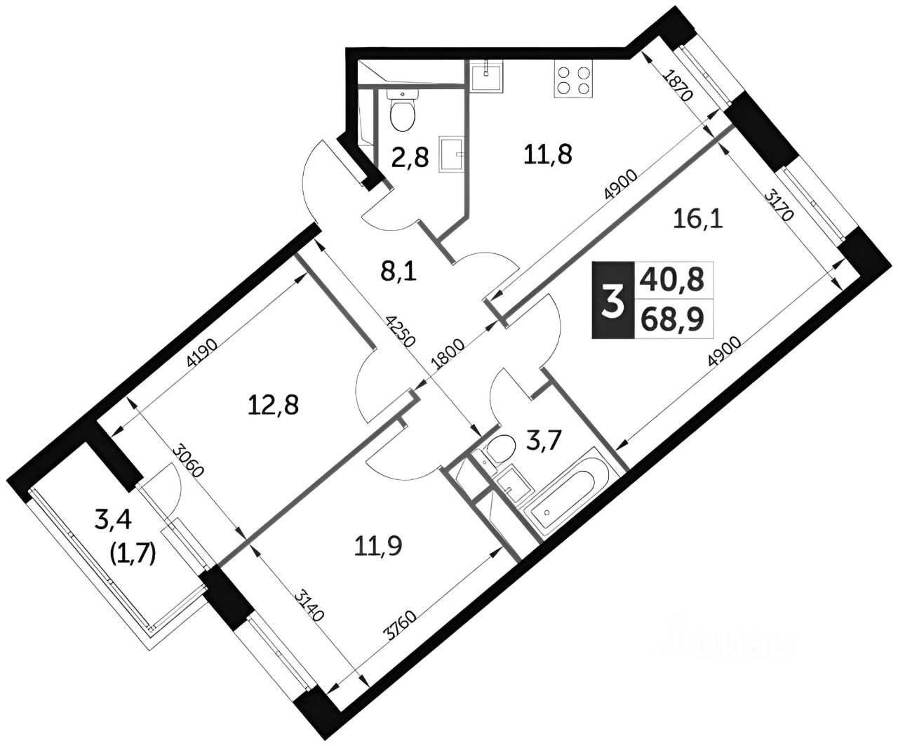 Планировка этой квартиры по данным Циан