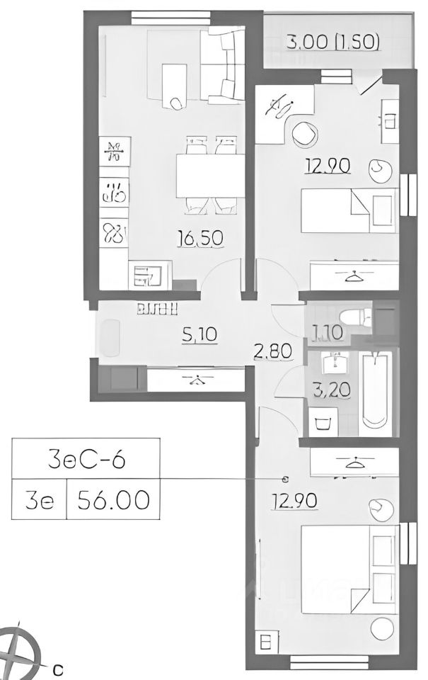 Планировка этой квартиры по данным Циан