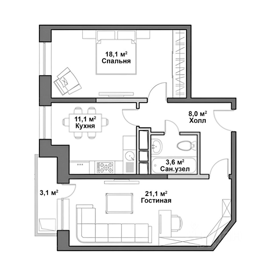 Планировка этой квартиры по данным Циан