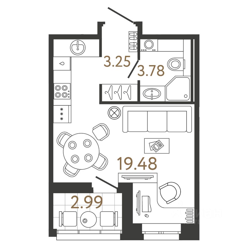 Студия, 26,5 м², 7/17 этаж