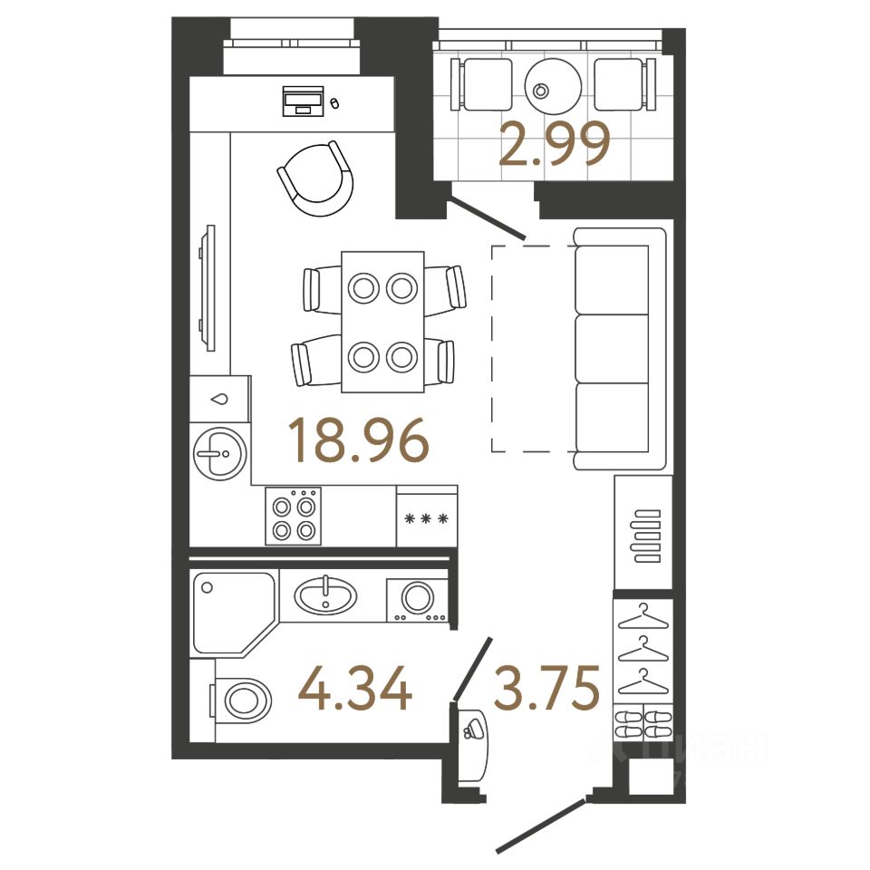 Студия, 27,1 м², 2/17 этаж