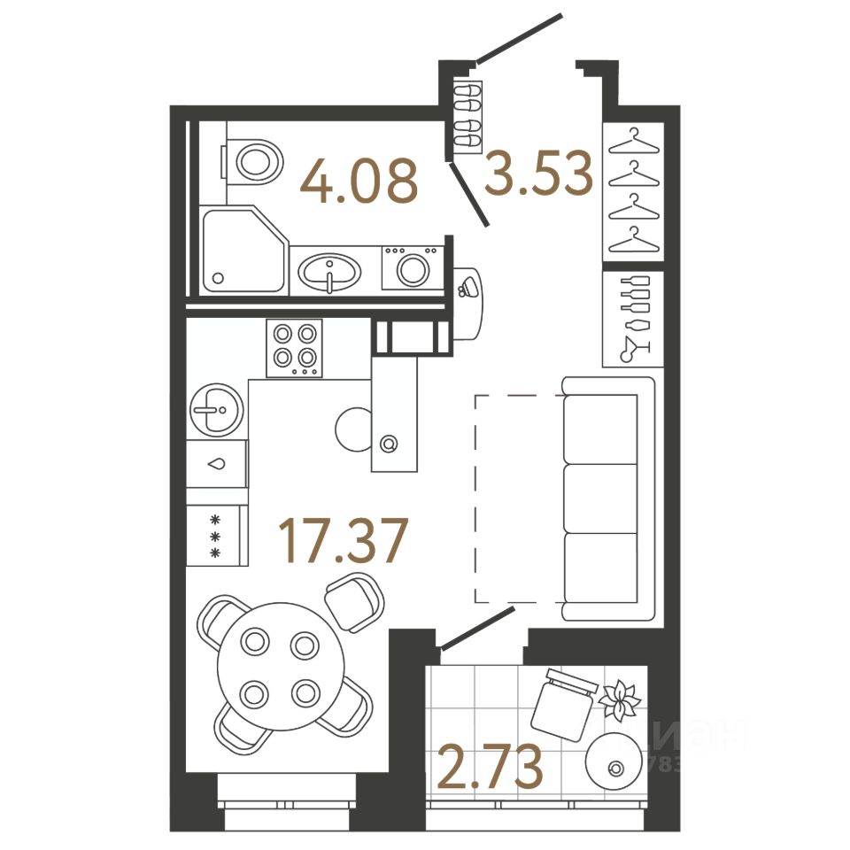 Студия, 25 м², 6/17 этаж