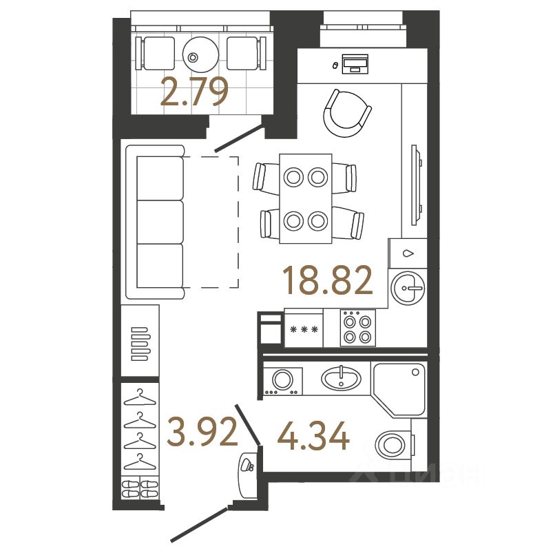 Студия, 27,1 м², 3/17 этаж