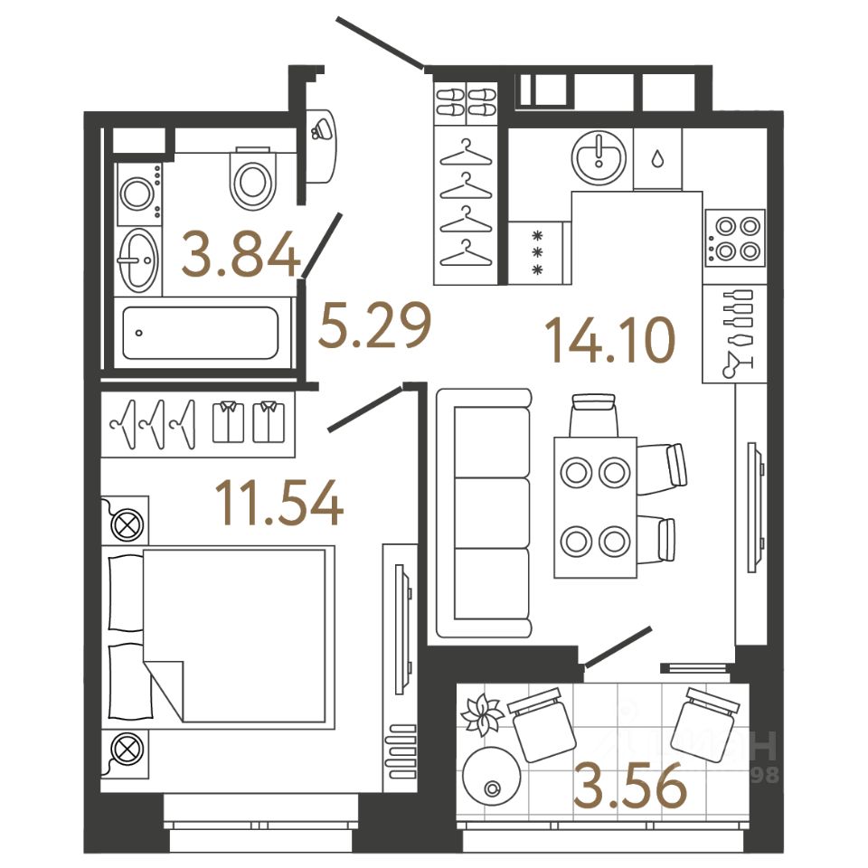 1-комн.кв., 34,8 м², 2/17 этаж