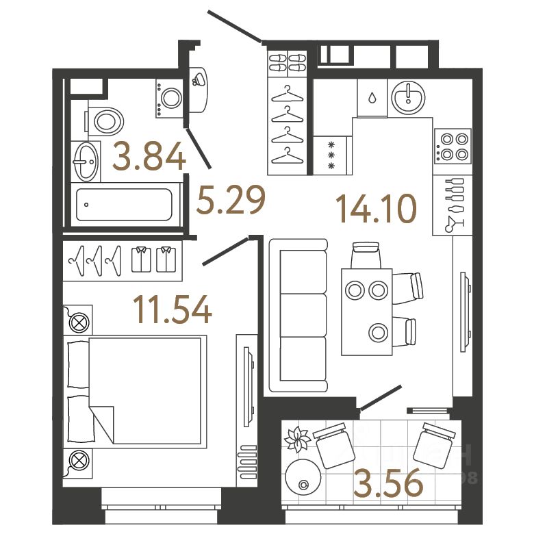 1-комн.кв., 34,8 м², 4/17 этаж