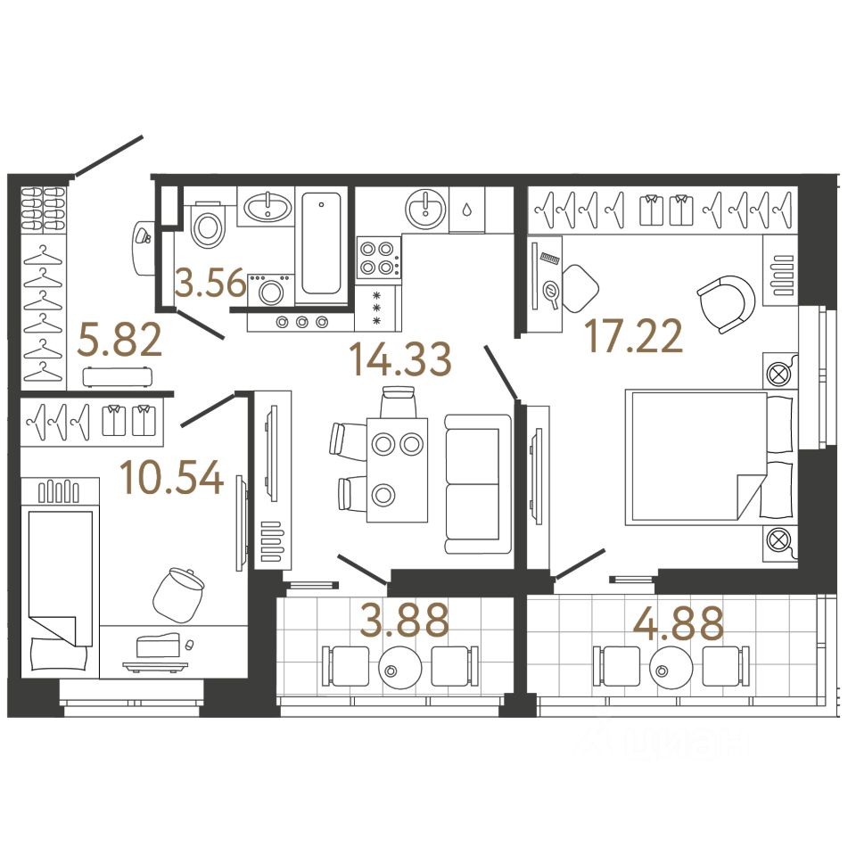 2-комн.кв., 51,5 м², 17/17 этаж
