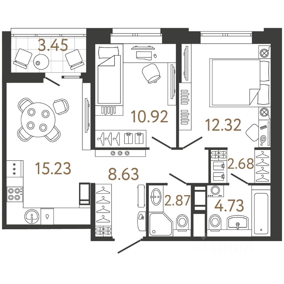 2-комн.кв., 56,9 м², 3/17 этаж