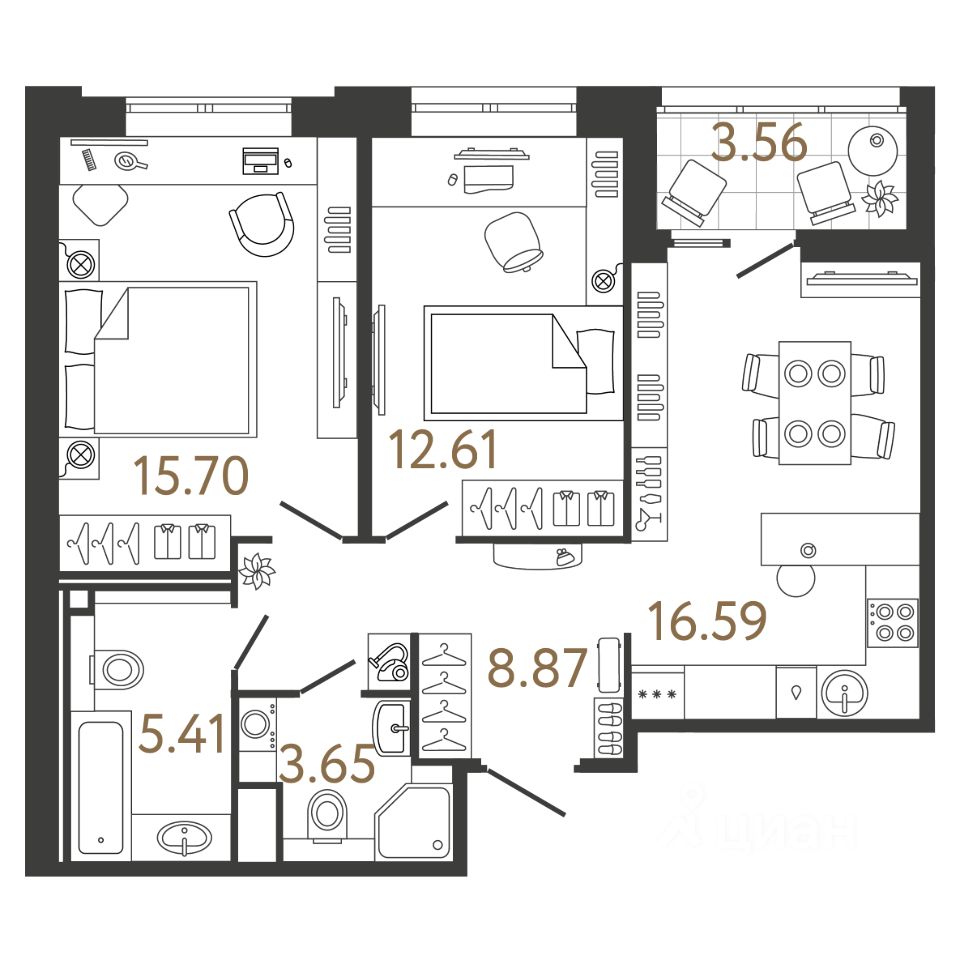 2-комн.кв., 62,8 м², 2/17 этаж