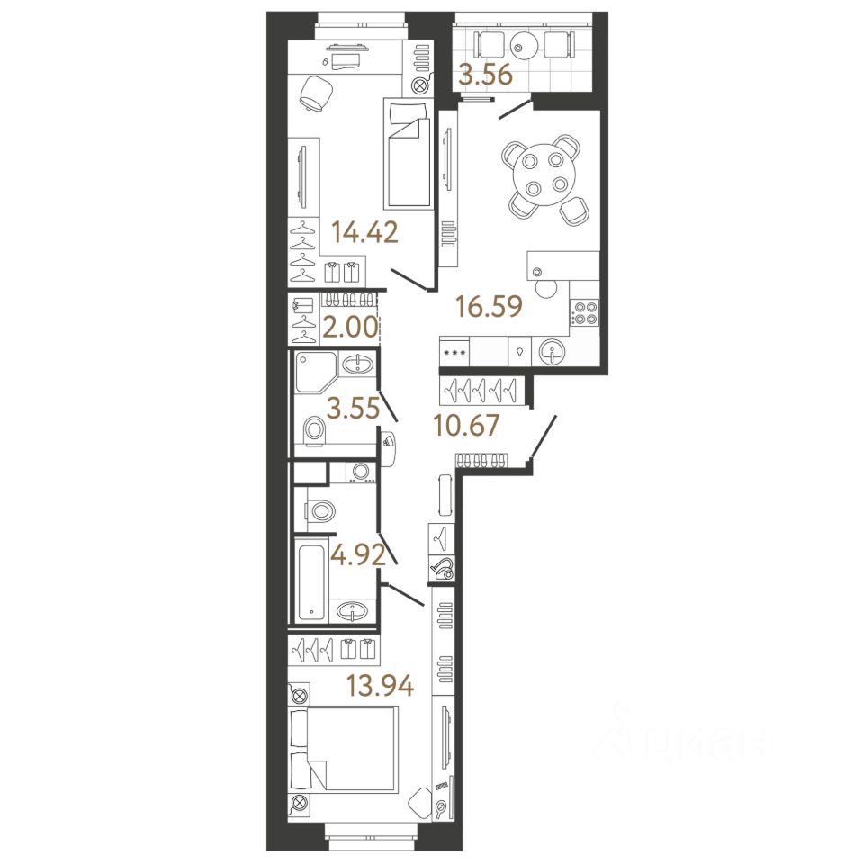 2-комн.кв., 66,1 м², 2/17 этаж