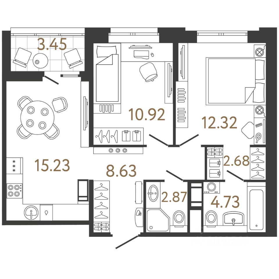 2-комн.кв., 56,9 м², 15/17 этаж