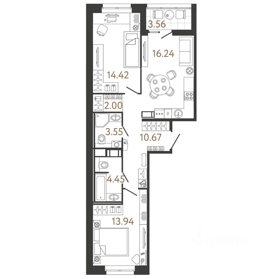 2-комн.кв., 65,3 м², 7/17 этаж