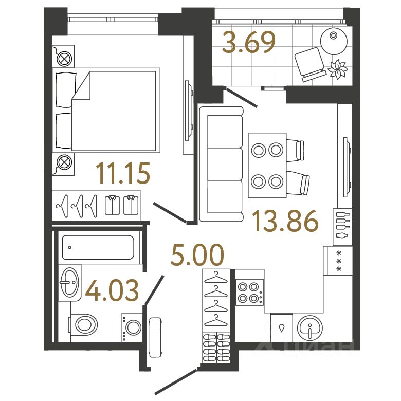 1-комн.кв., 34 м², 2/17 этаж