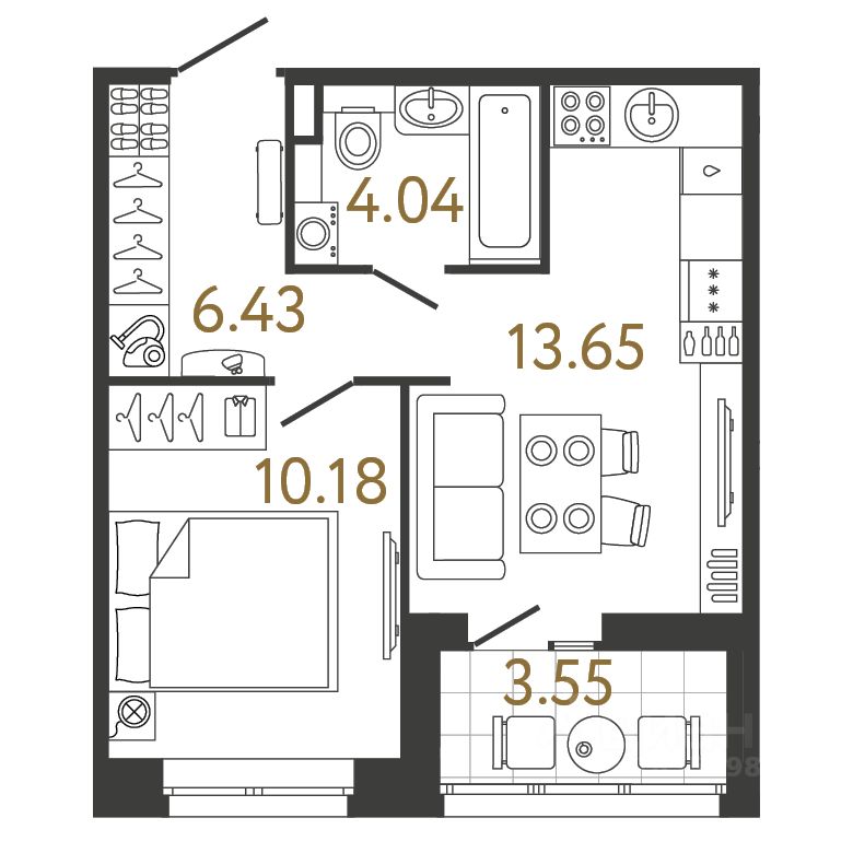1-комн.кв., 34,3 м², 4/17 этаж