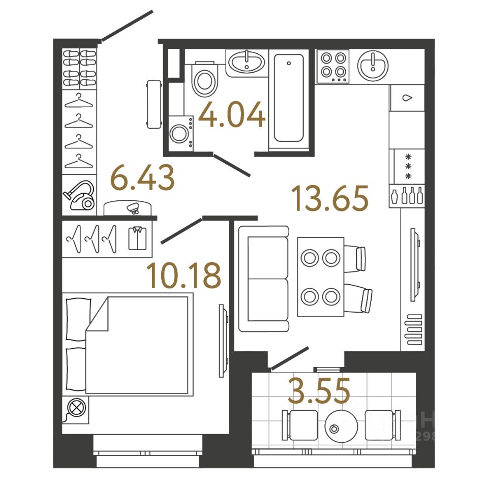 1-комн.кв., 34,3 м², 10/17 этаж