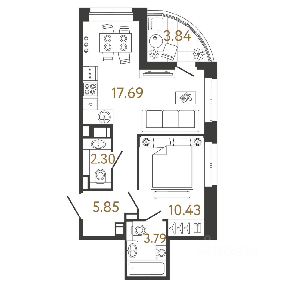 1-комн.кв., 40,1 м², 10/17 этаж