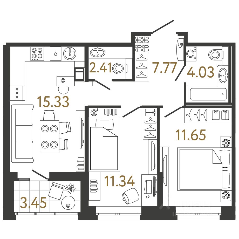 2-комн.кв., 52,5 м², 4/17 этаж