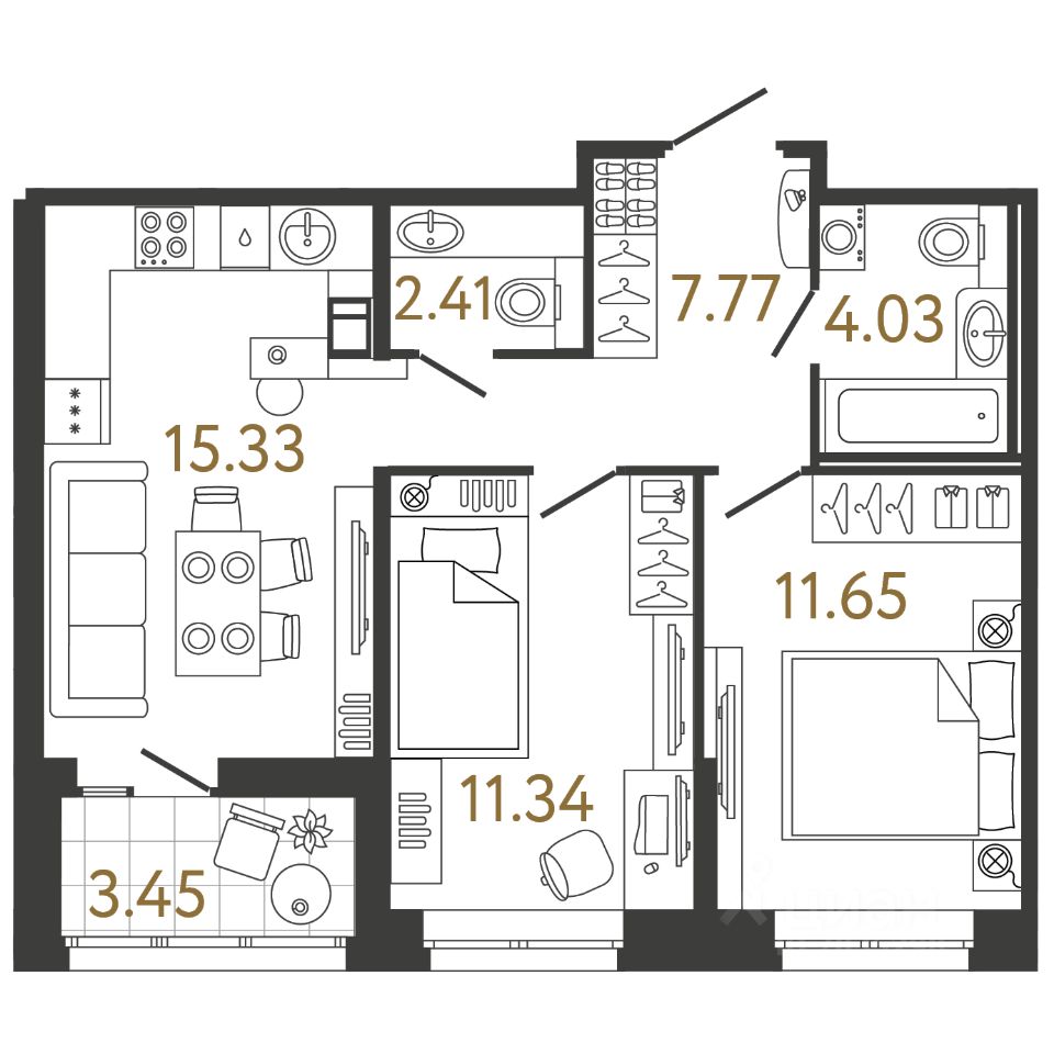 2-комн.кв., 52,5 м², 10/17 этаж