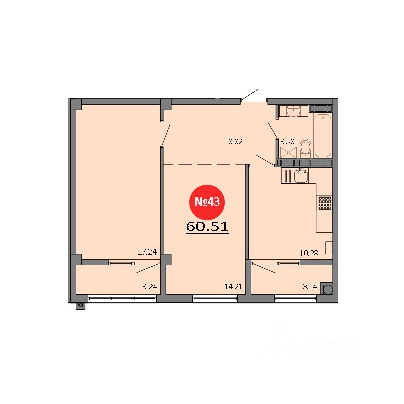 2-комн.кв., 60,5 м², 8/8 этаж