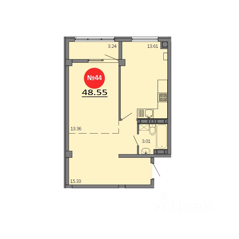 1-комн.кв., 48,5 м², 7/8 этаж