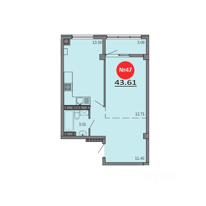 1-комн.кв., 43,6 м², 6/8 этаж