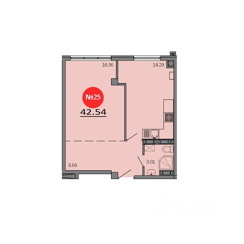 1-комн.кв., 42,5 м², 4/8 этаж