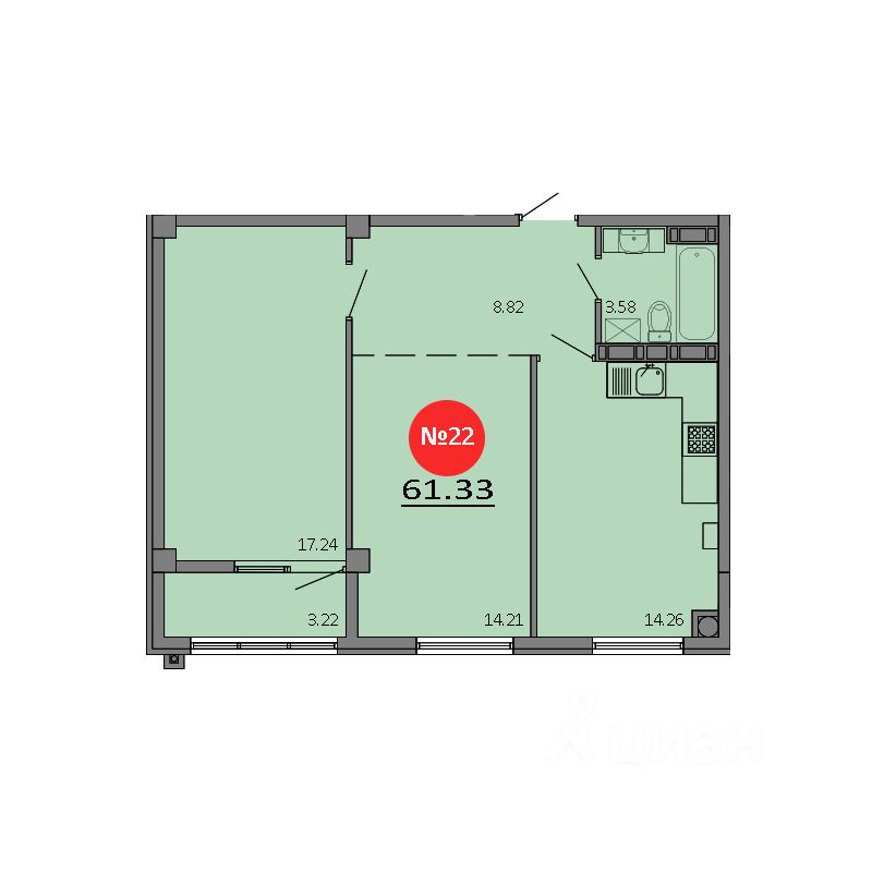 2-комн.кв., 61,3 м², 4/8 этаж