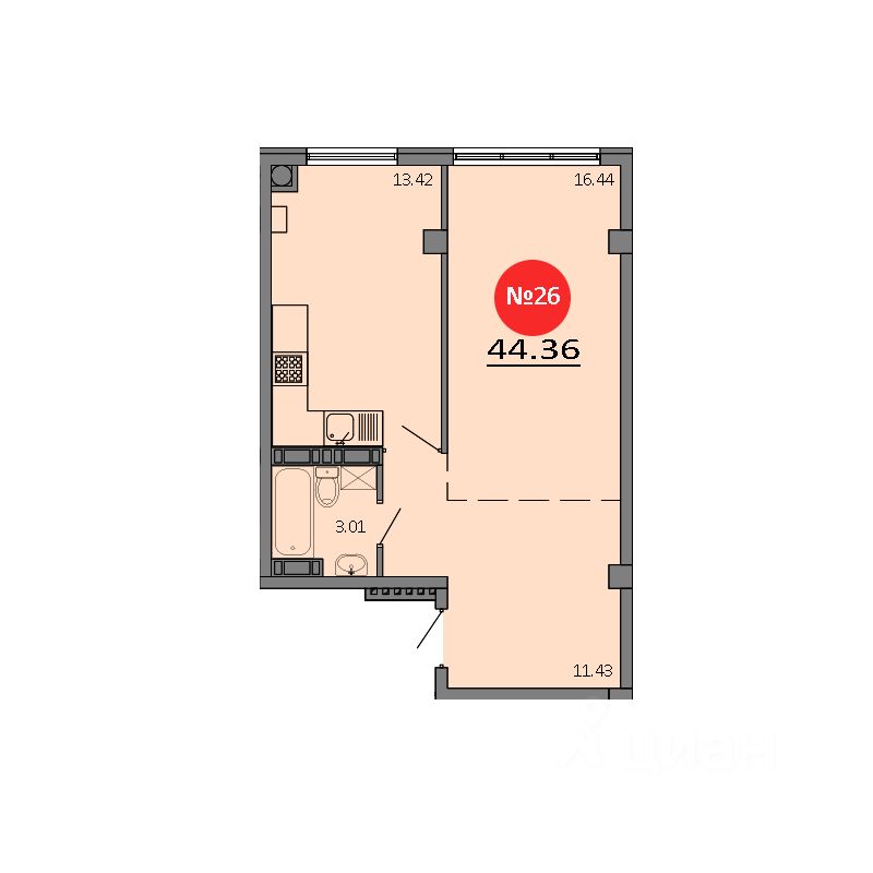 1-комн.кв., 44,4 м², 4/8 этаж