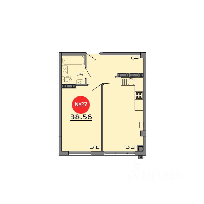 1-комн.кв., 38,6 м², 4/8 этаж