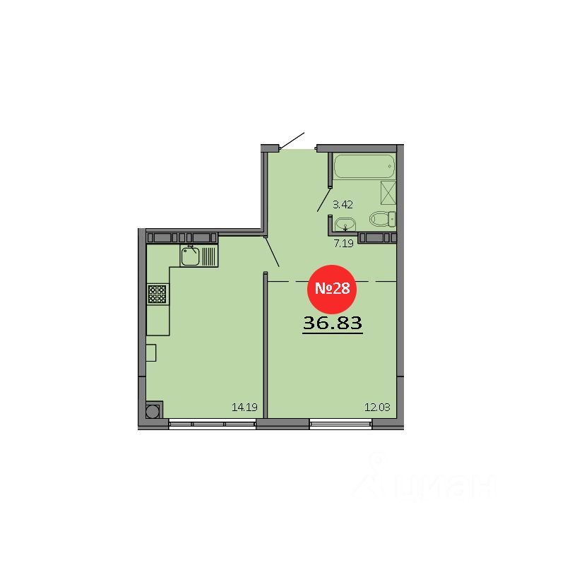 1-комн.кв., 36,8 м², 3/8 этаж