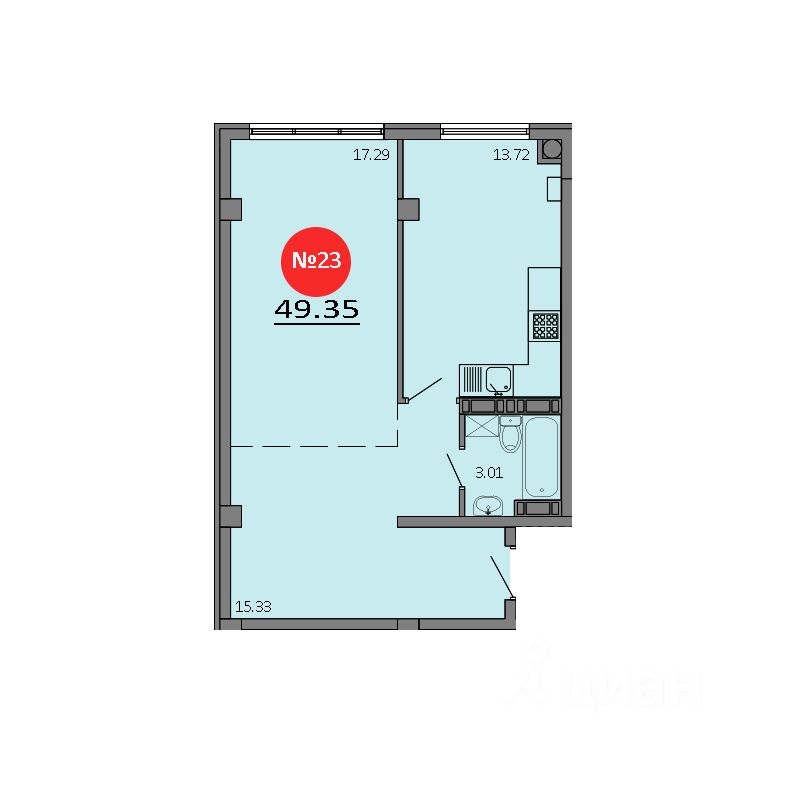 1-комн.кв., 49,4 м², 2/8 этаж