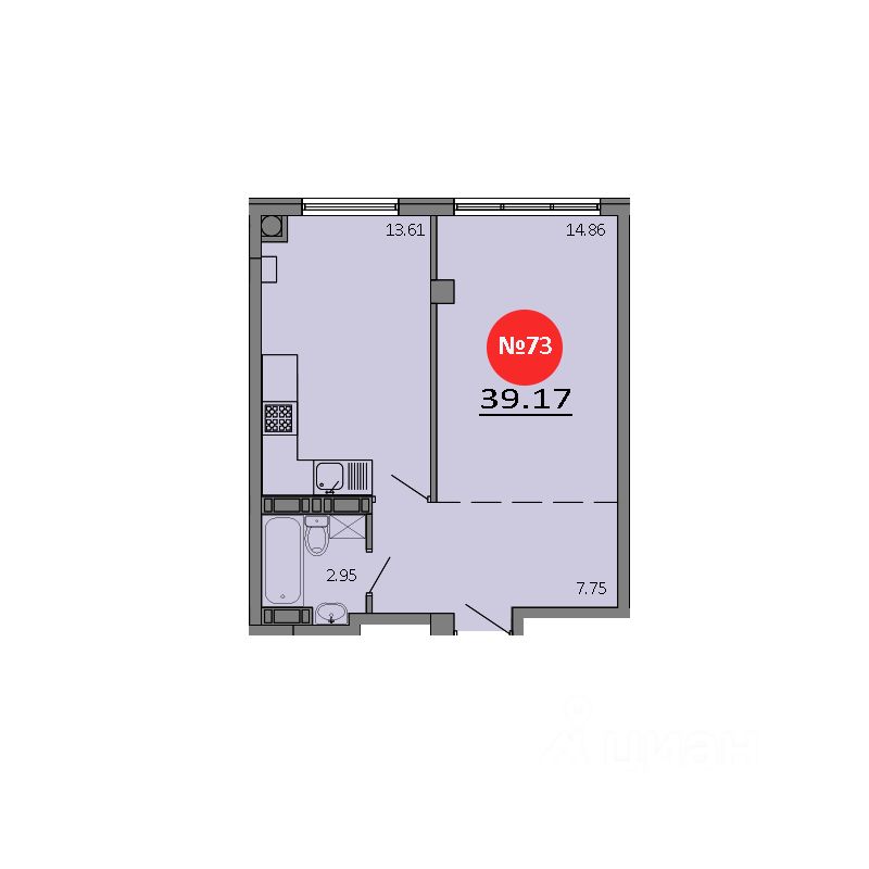 1-комн.кв., 39,2 м², 2/8 этаж