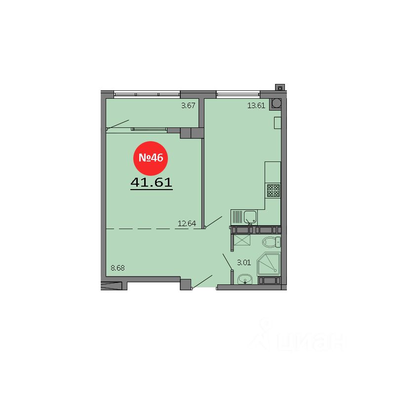 1-комн.кв., 41,6 м², 8/8 этаж