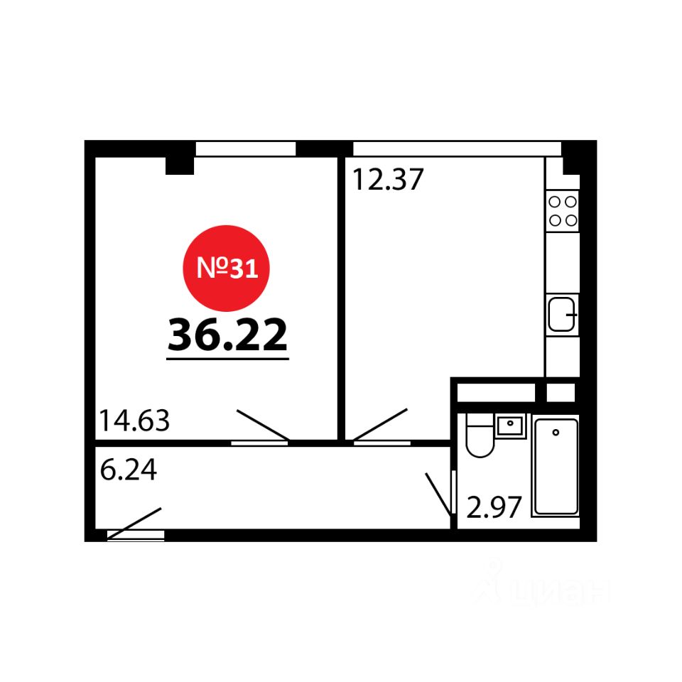 1-комн.кв., 36,2 м², 4/4 этаж
